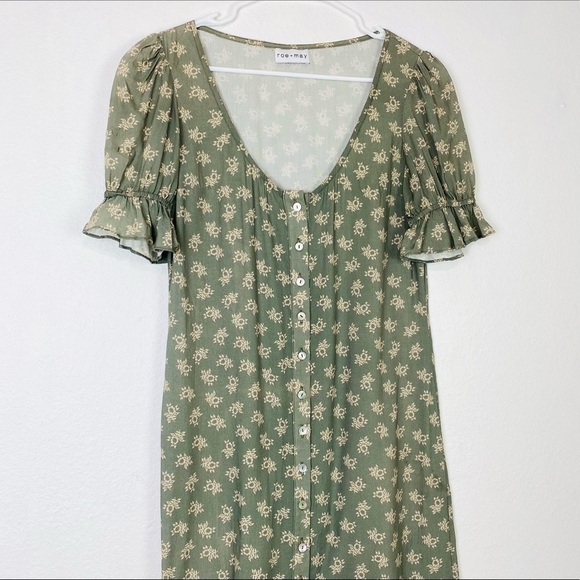 ROE + MAY Sage Tan Ditsy Floral Button D. Dress S - Picture 1 of 8